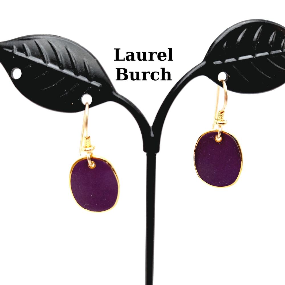 Laurel Burch Purple Enamel Earrings, Vintage Gold Plated Drop Earrings, 1980s